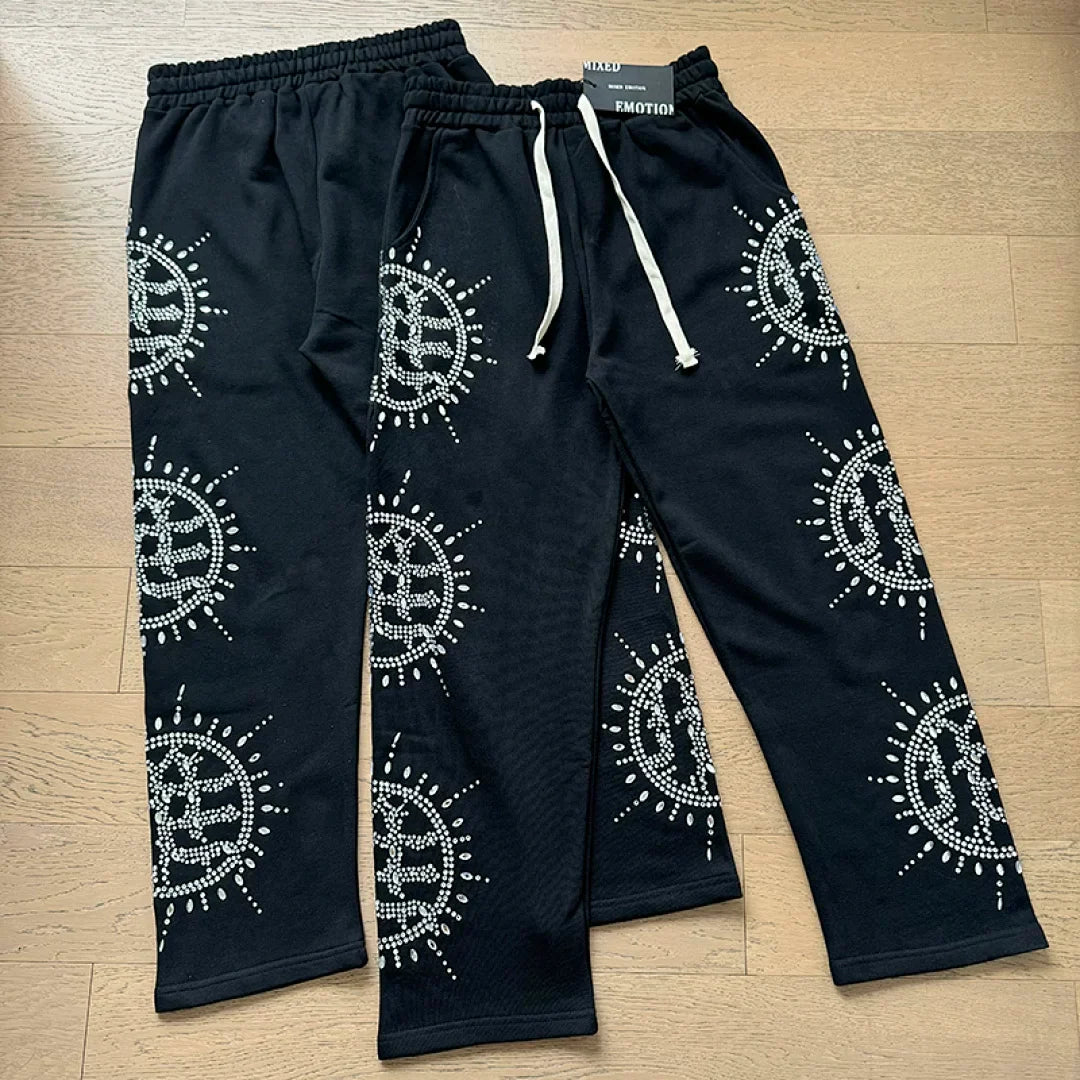 Mixed Emotion Rhinestone Sun Logo Zip‑Up Hoodie Tracksuit Set