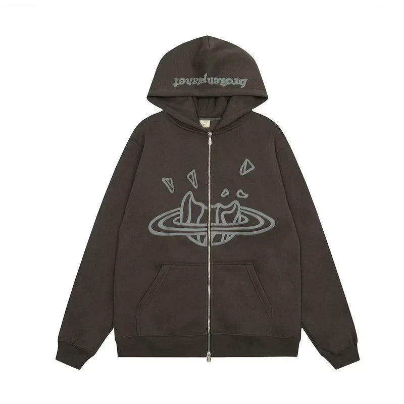 Broken Planet Cracked Planet Zip Up Hoodie - Dark Brown