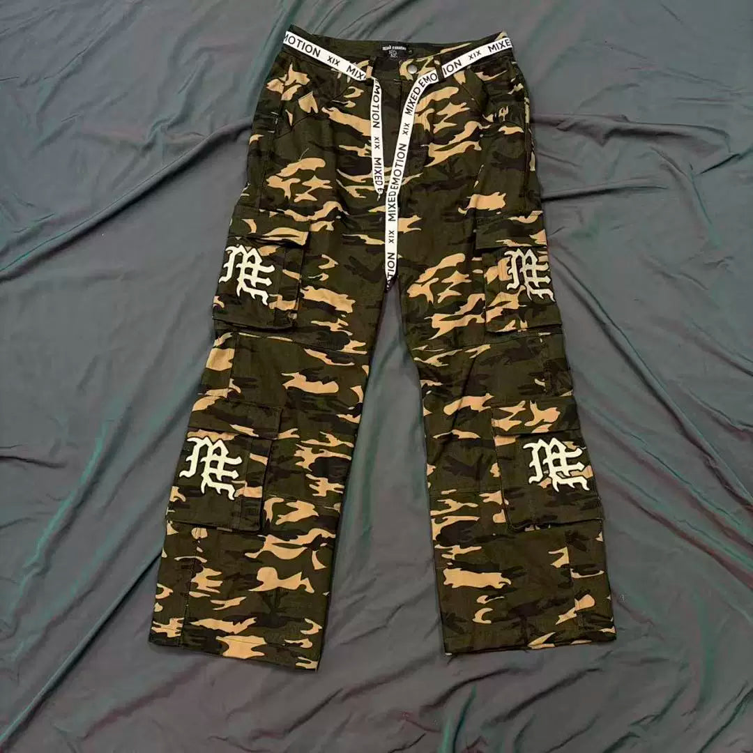 Mixed Emotion Camo Multi‑Pocket Embroidered Cargo Pants