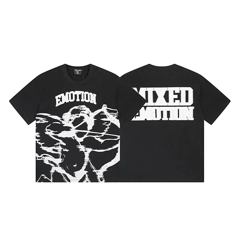 Mixed Emotion Black Tee – White Emotion Cupid Print