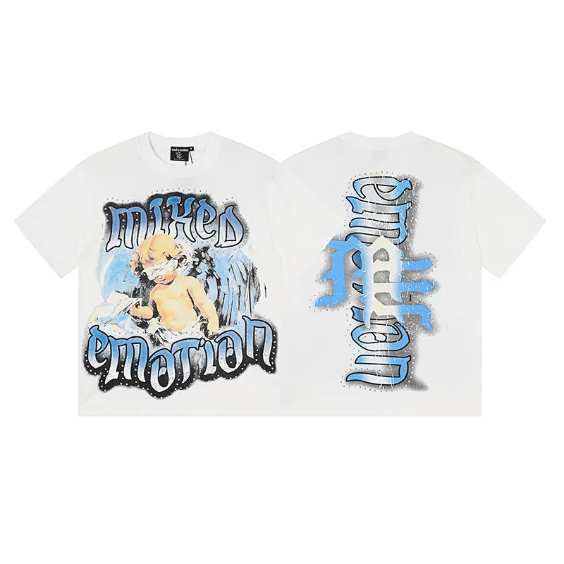 Mixed Emotion White Tee – Blindfolded Angel Gothic Print