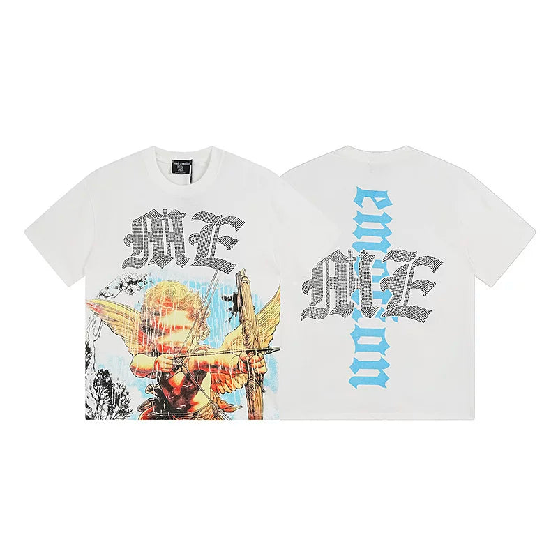 Mixed Emotion White Tee – Blue Gothic Cross Cupid Print