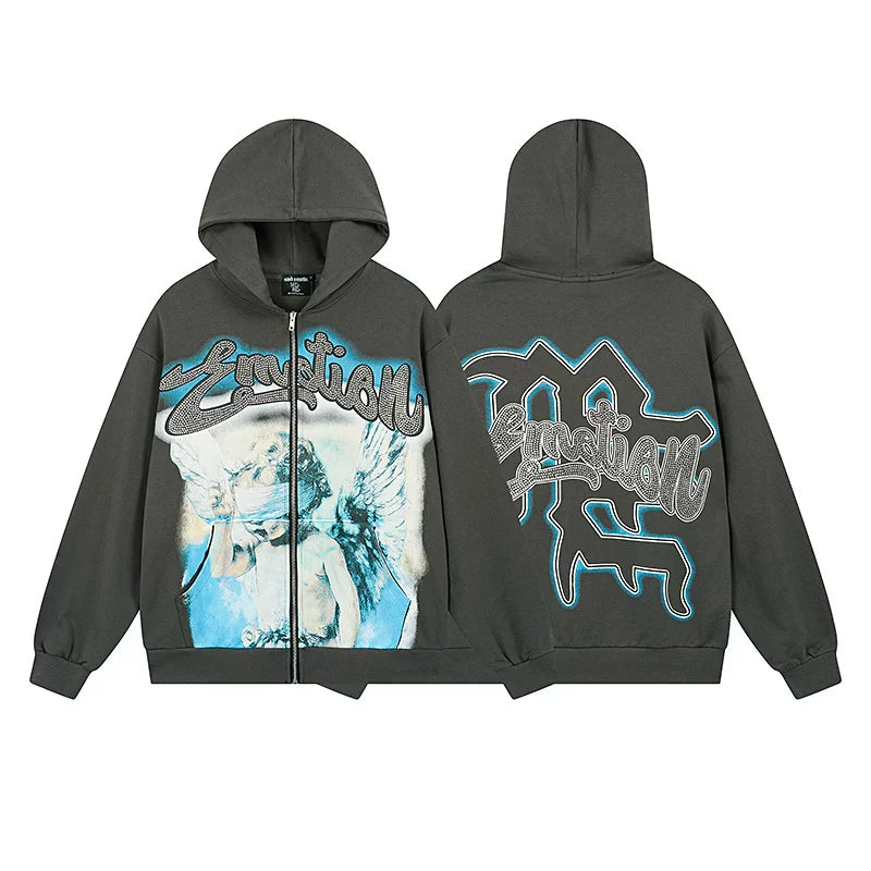 Mixed Emotion Dark Grey Zip Hoodie – Emotion Angel Blue Outline Print