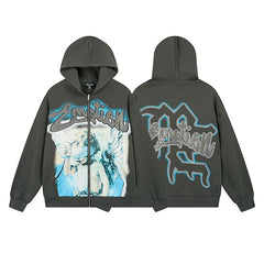 Mixed Emotion Dark Grey Zip Hoodie – Emotion Angel Blue Outline Print