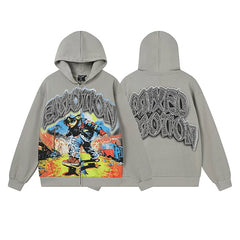 Mixed Emotion Grey Zip Hoodie – Graffiti Emotion Skateboarder Print