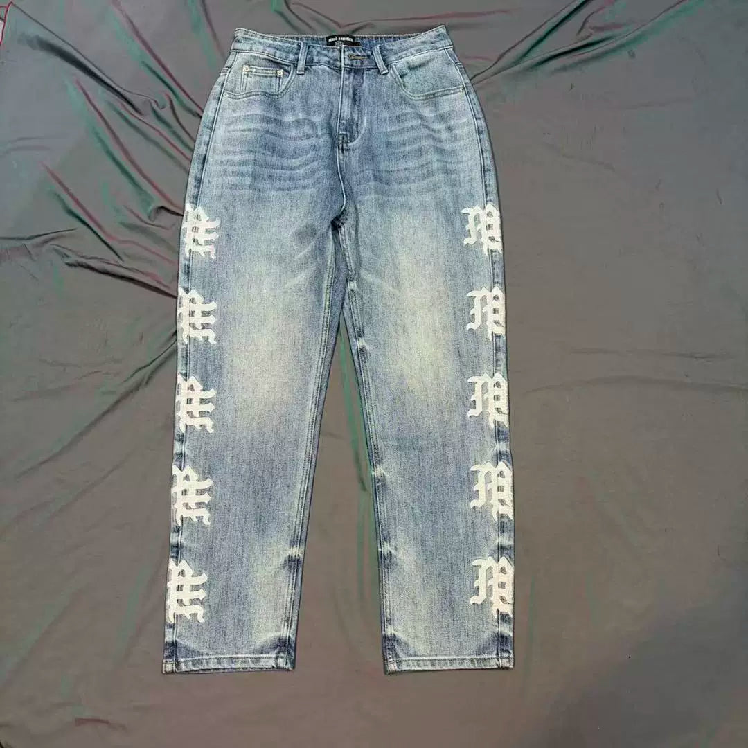 Mixed Emotion Side Logo Embroidered Straight Leg Jeans
