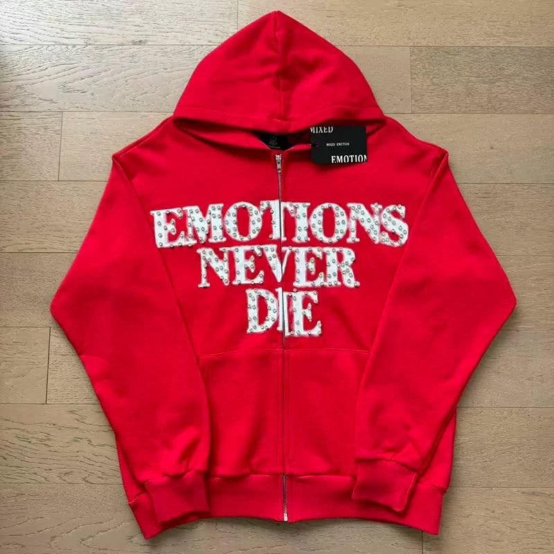 Mixed Emotion Emotions Never Die Rhinestone‑Effect Zip‑Up Hoodie