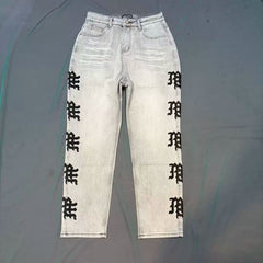 Mixed Emotion Black Side Embroidered Straight‑Leg Jeans