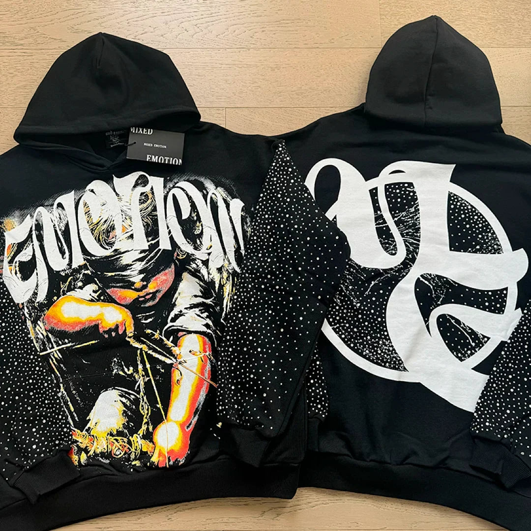 Mixed Emotion Vintage Archer Graphic Rhinestone‑Sleeve Hoodie