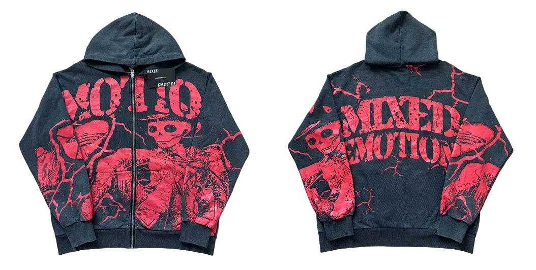 Mixed Emotion Black Zip Hoodie – Red Skull Washed Print