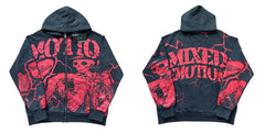 Mixed Emotion Black Zip Hoodie – Red Skull Washed Print