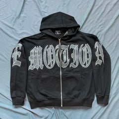 Mixed Emotion Rhinestone Gothic Letter Zip‑Up Hoodie