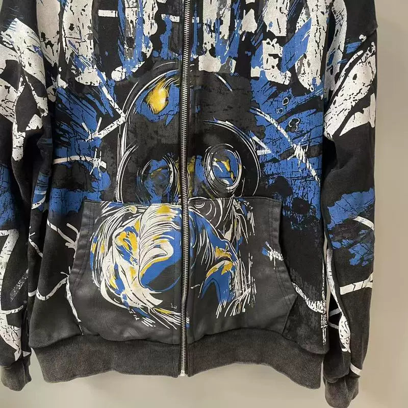 Mixed Emotion Black Zip Hoodie – Blue Yellow Graffiti Portrait Print