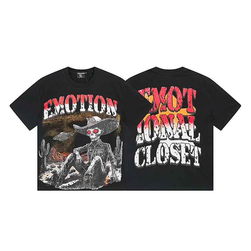 Mixed Emotion Black Tee – Western Skull Cowboy Print