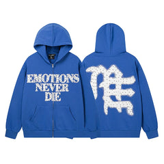 Mixed Emotion Emotions Never Die Rhinestone‑Effect Zip‑Up Hoodie
