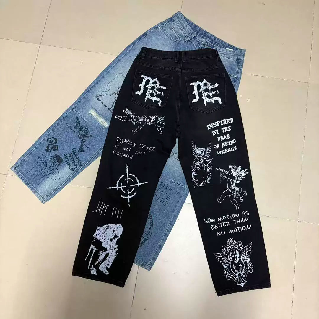 Mixed Motion Angel Sketch Print Baggy Denim Jeans