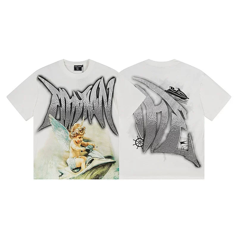 Mixed Emotion White Tee – Gothic Angel Jetski Print