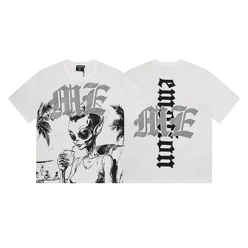 Mixed Emotion White Tee – Gothic Cross Alien Woman Print