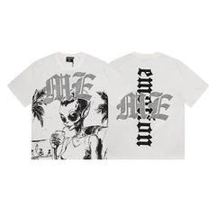 Mixed Emotion White Tee – Gothic Cross Alien Woman Print