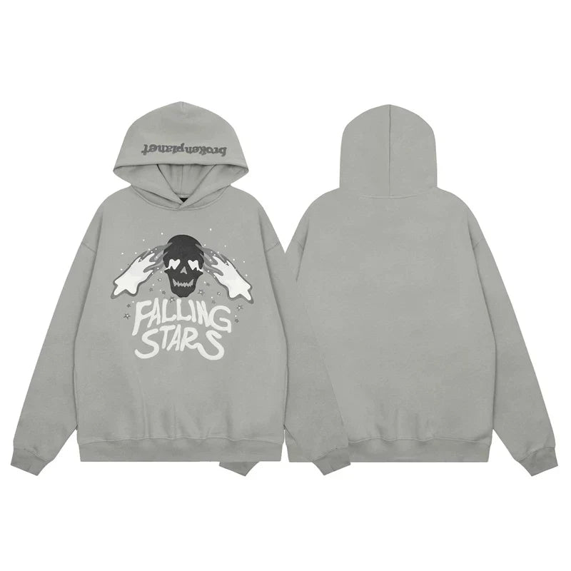 Broken Planet Falling Stars Light Grey Oversized Graphic Hoodie
