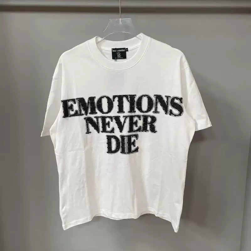 Mixed Emotion White Tee – Studded Emotions Never Die Back Print
