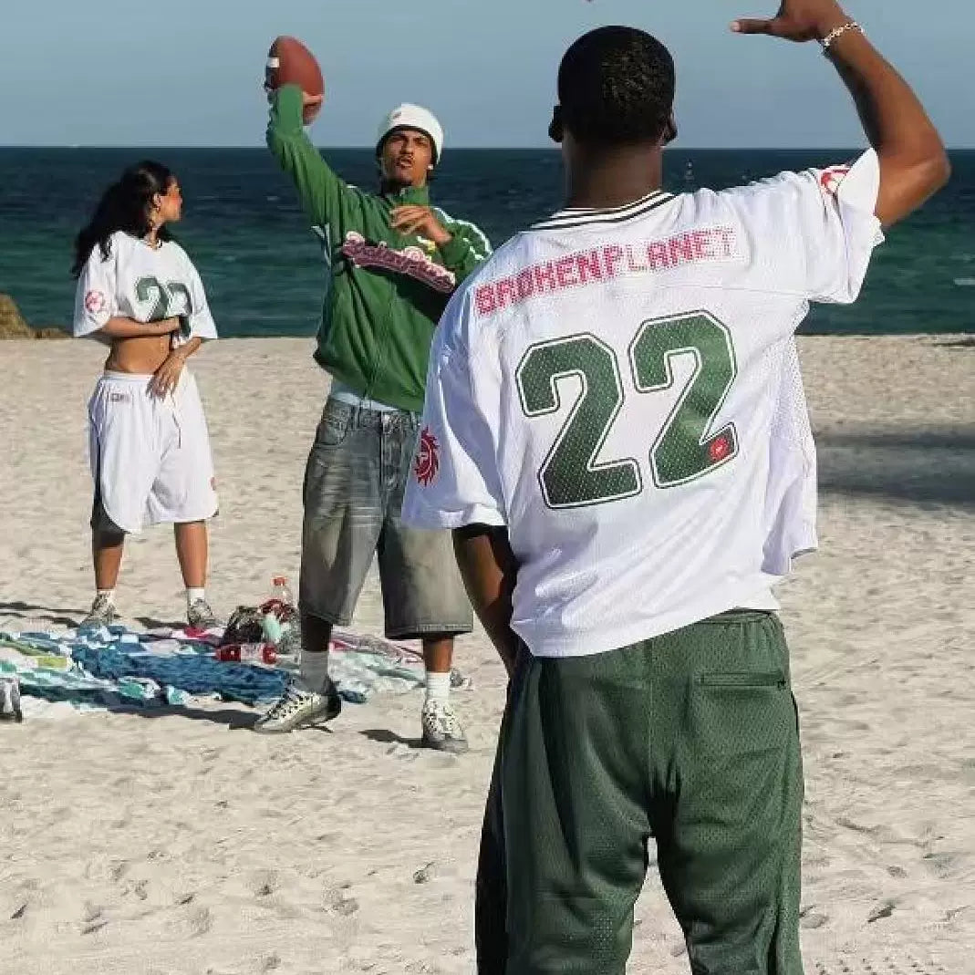 Broken Planet 22 Cropped Mesh Football Jersey, White Retro Oversized Short Football Tee