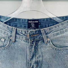Mixed Emotion Washed Denim Shorts – White Rhinestone Print