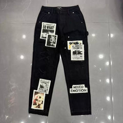 Mixed Emotion Newspaper Patchwork Flare Cargo Jeans