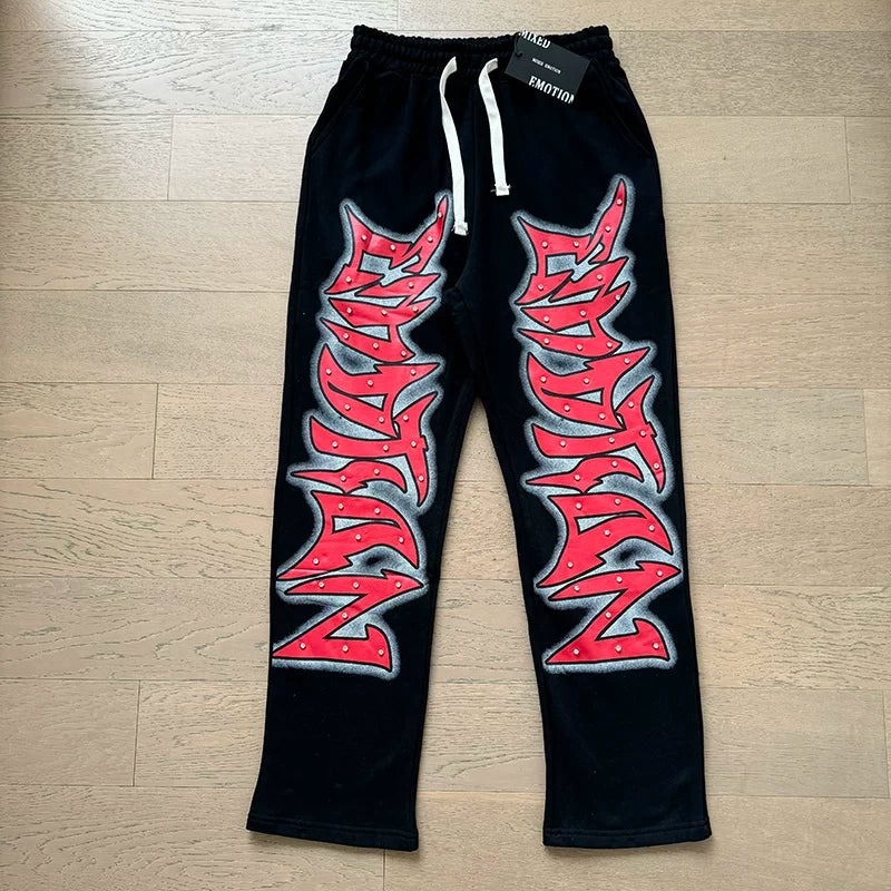 Mixed Emotion Studded Graphic Straight‑Leg Sweatpants