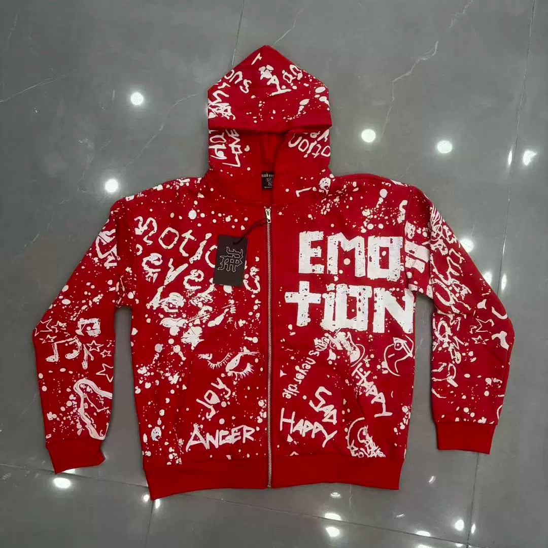 Mixed Emotion Red Splatter Graffiti Full‑Zip Hoodie