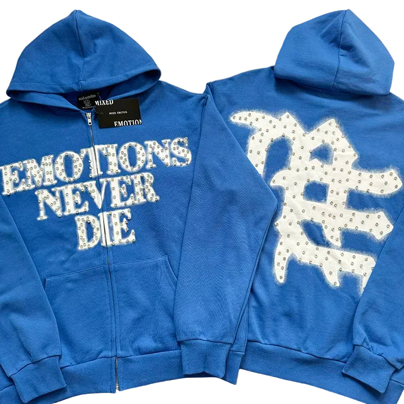 Mixed Emotion Blue Zip Hoodie – White Studded Emotions Never Die Print