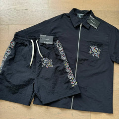 Mixed Emotion Rhinestone Graphic Zip‑Up Shirt & Shorts Set