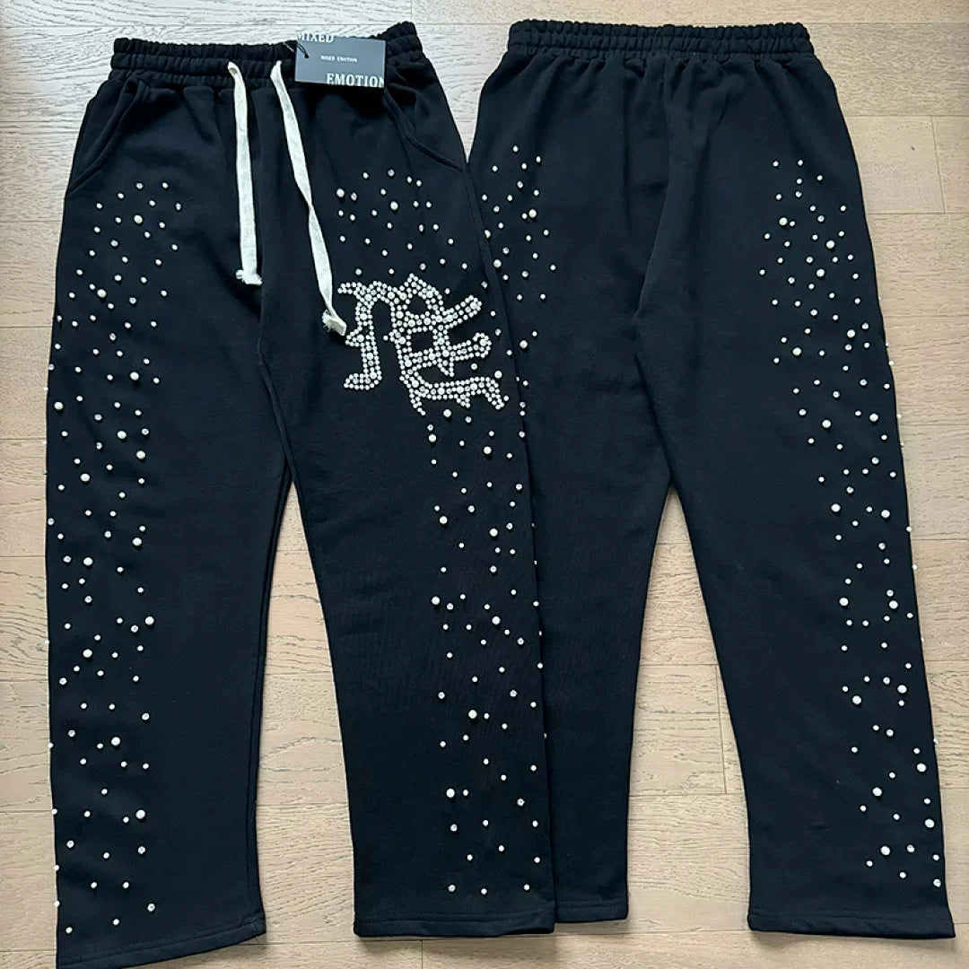 Mixed Emotion Rhinestone Logo Zip‑Up Hoodie Tracksuit Set