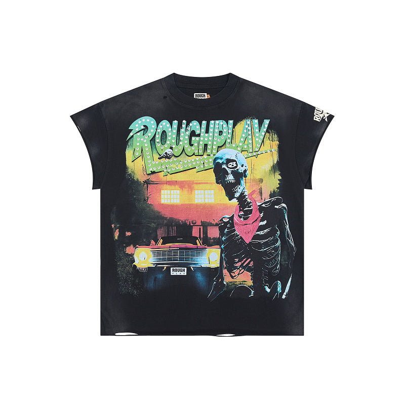 Rough Play Skeleton Cruiser Oversized Graphic Tee — Washed Black