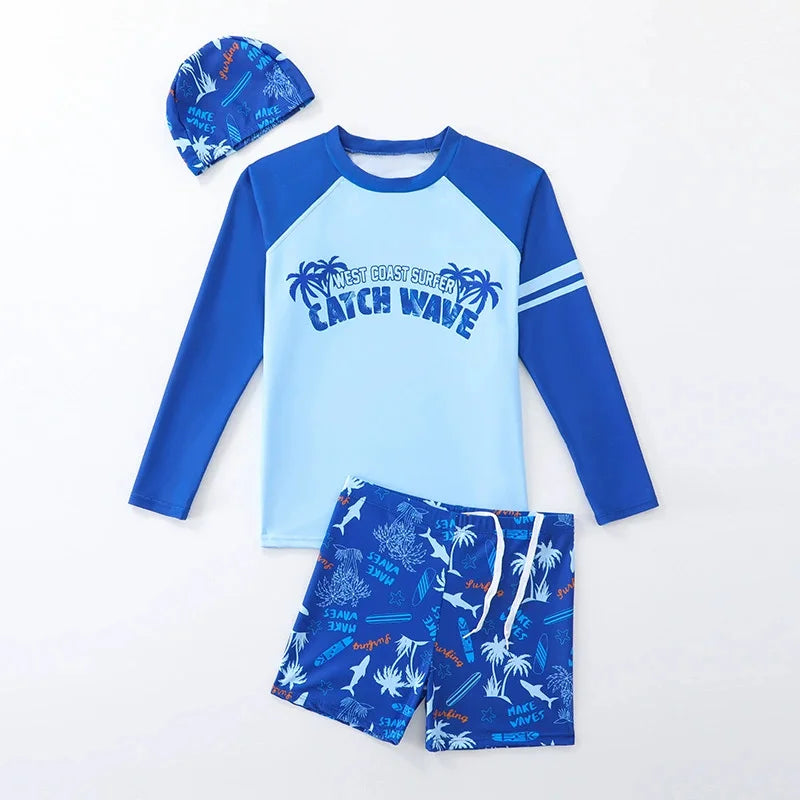 Boys' Long-Sleeved Swimsuit Children Sunscreen Cartoon Swimwear Suit Summer Thin Split Swimming Costume Kids Holiday Beachwear