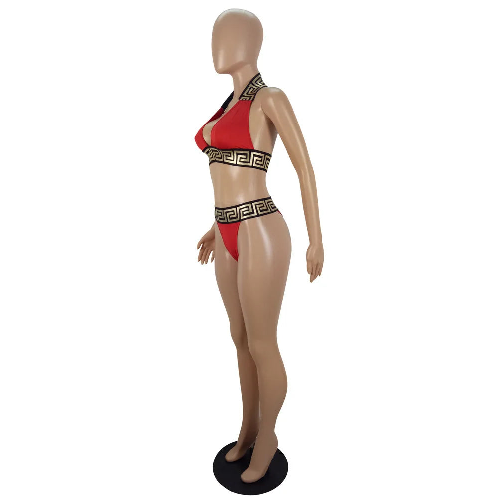Print Black Push Up Bikini Two Pieces Set Women Swimwear Bandage Halter Swimsuit Bathing Suit