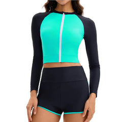 Women 2 Pieces Color Block Swimsuit Outfit Long Sleeve Bra Surf Zip Up Swim Top with Shorts Swimming Surfing Beach Bathing Suits