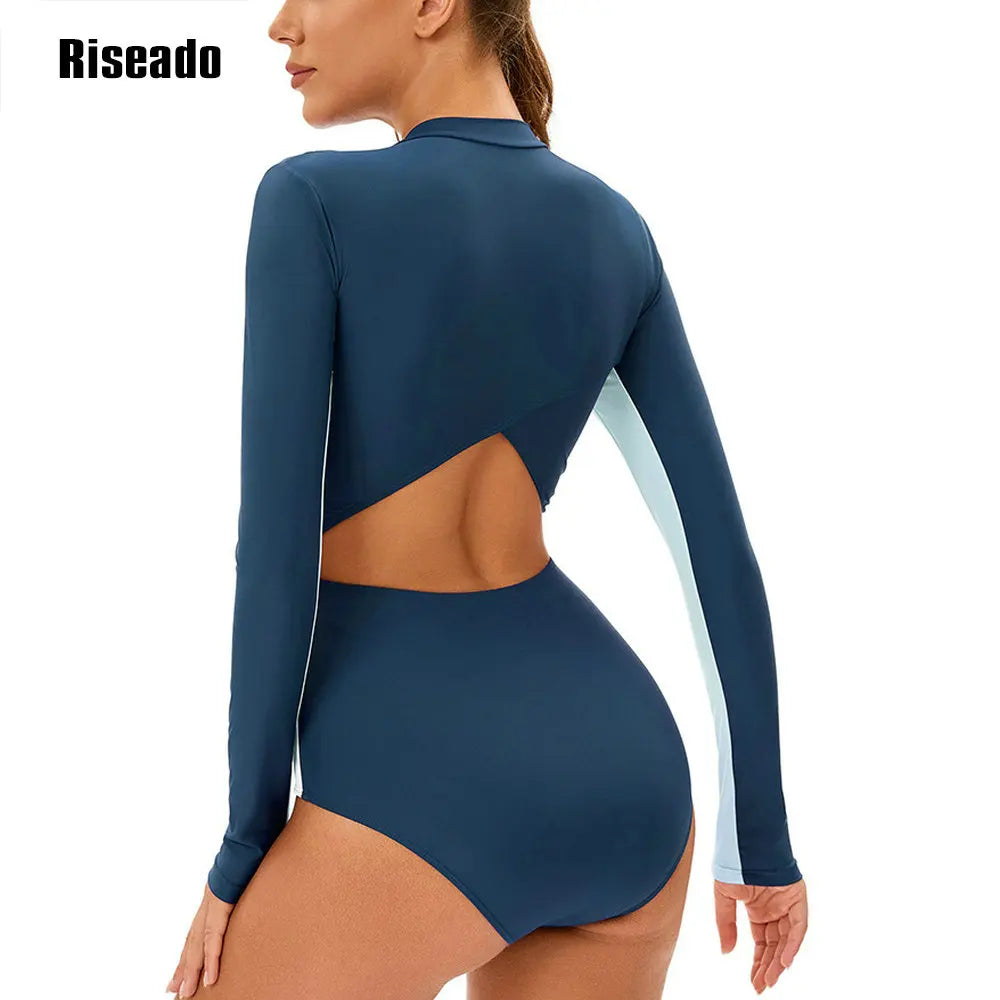 Women's One Piece Swimsuits Long Sleeve Rash Guard UV Protection Surfing Cut Out Swimsuit Plus Size 3XL