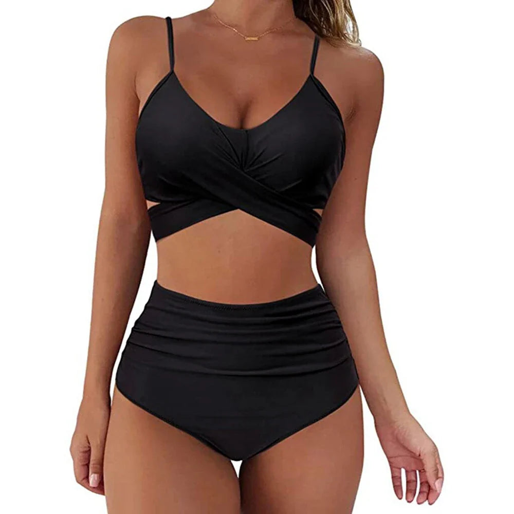 12 Colors Women Slim Bikini Sets High Waisted Swimwear 2 Pieces Solid/Floral Ruched Brazilian Swimsuit Cross Front