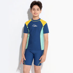 Boy Swimwear Short Shirt Two Piece Short Sleeve Solid Patchwork Teenager Children Kids Swimming Beach Wear 2024 9-16 years