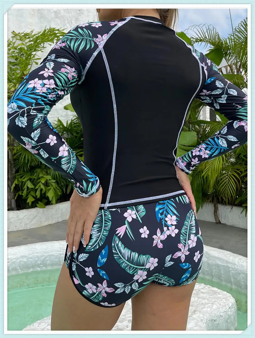 Long Sleeve Rash guard Swimsuit Women Tropical Printed Swimwear Two Pieces Diving Clothes Bathing Suit Surfing Beachwear