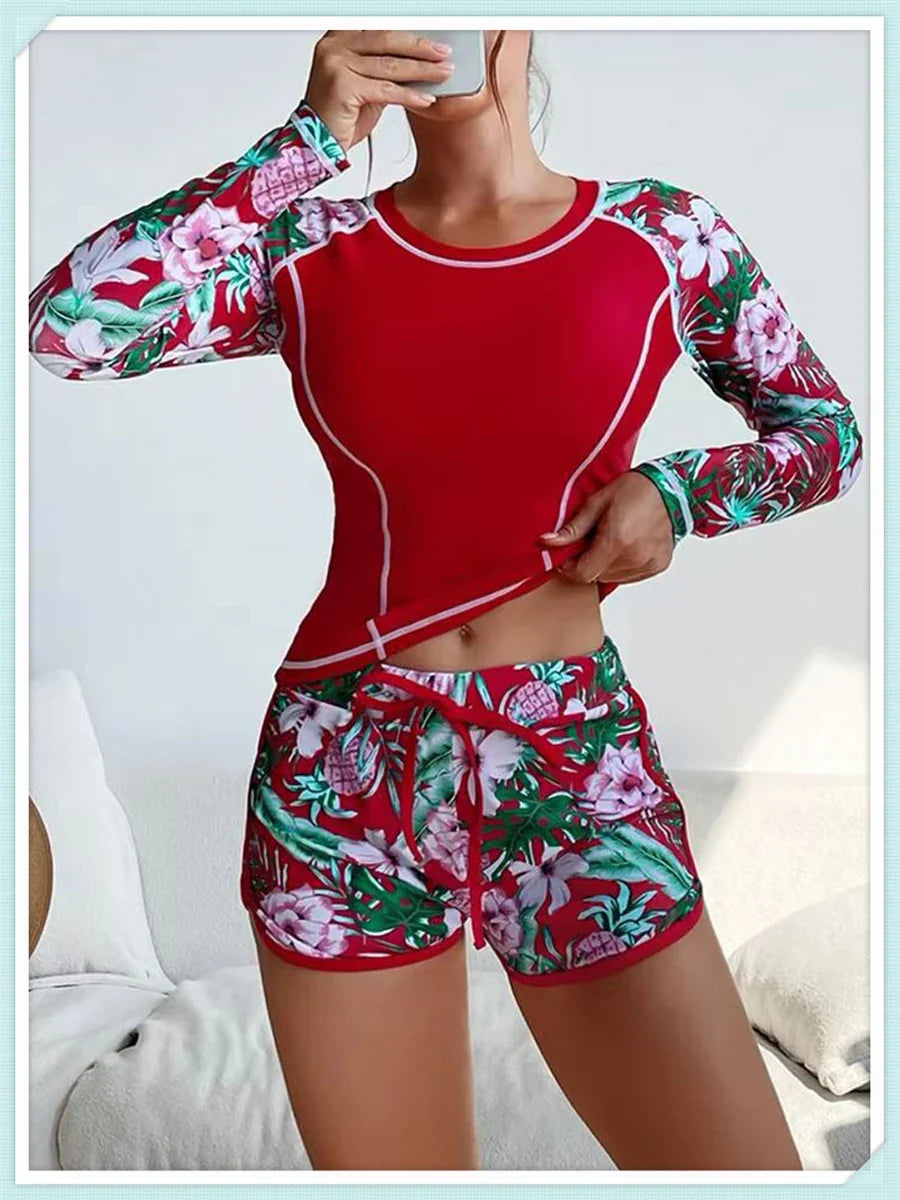 Long Sleeve Rash guard Swimsuit Women Tropical Printed Swimwear Two Pieces Diving Clothes Bathing Suit Surfing Beachwear