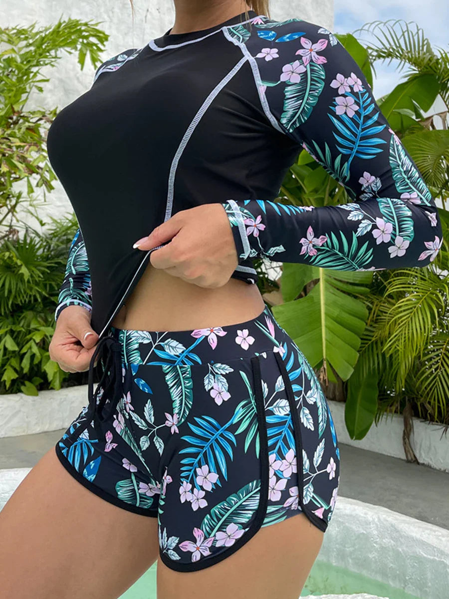 Long Sleeve Rash guard Swimsuit Women Tropical Printed Swimwear Two Pieces Diving Clothes Bathing Suit Surfing Beachwear