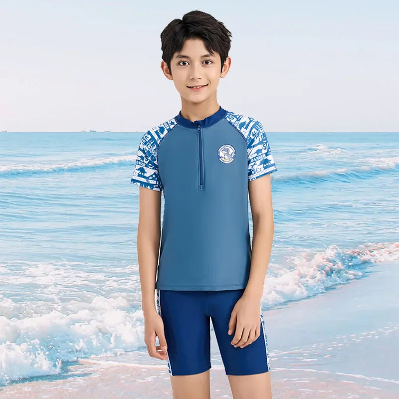 Summer Swimming Suit For Kids Boy Swim Sets Children Swimwear Short Sleeve Swimsuit Split Two Piece Beachwear Fast Dry Trunks