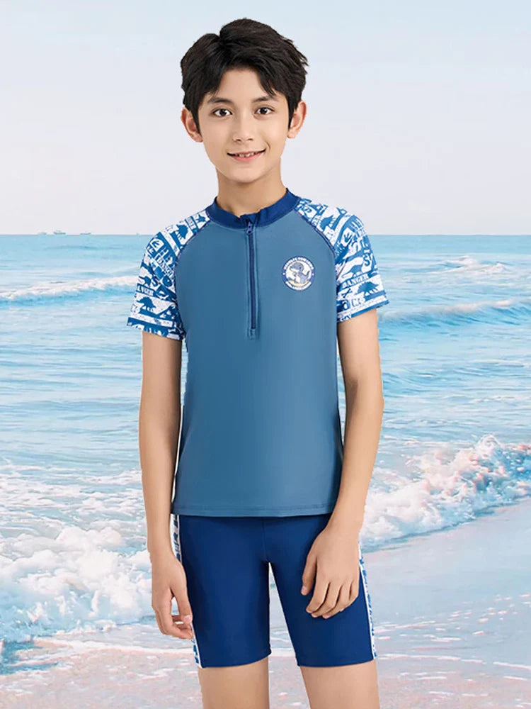 Summer Swimming Suit For Kids Boy Swim Sets Children Swimwear Short Sleeve Swimsuit Split Two Piece Beachwear Fast Dry Trunks