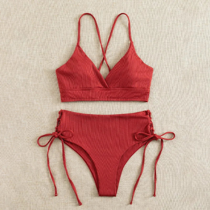 V-Neck Split Bikini Set for Women, Swimsuit, Lace Up, Triangular Bikinis, Solid Color, Beach Swimwear, Bathing Suit