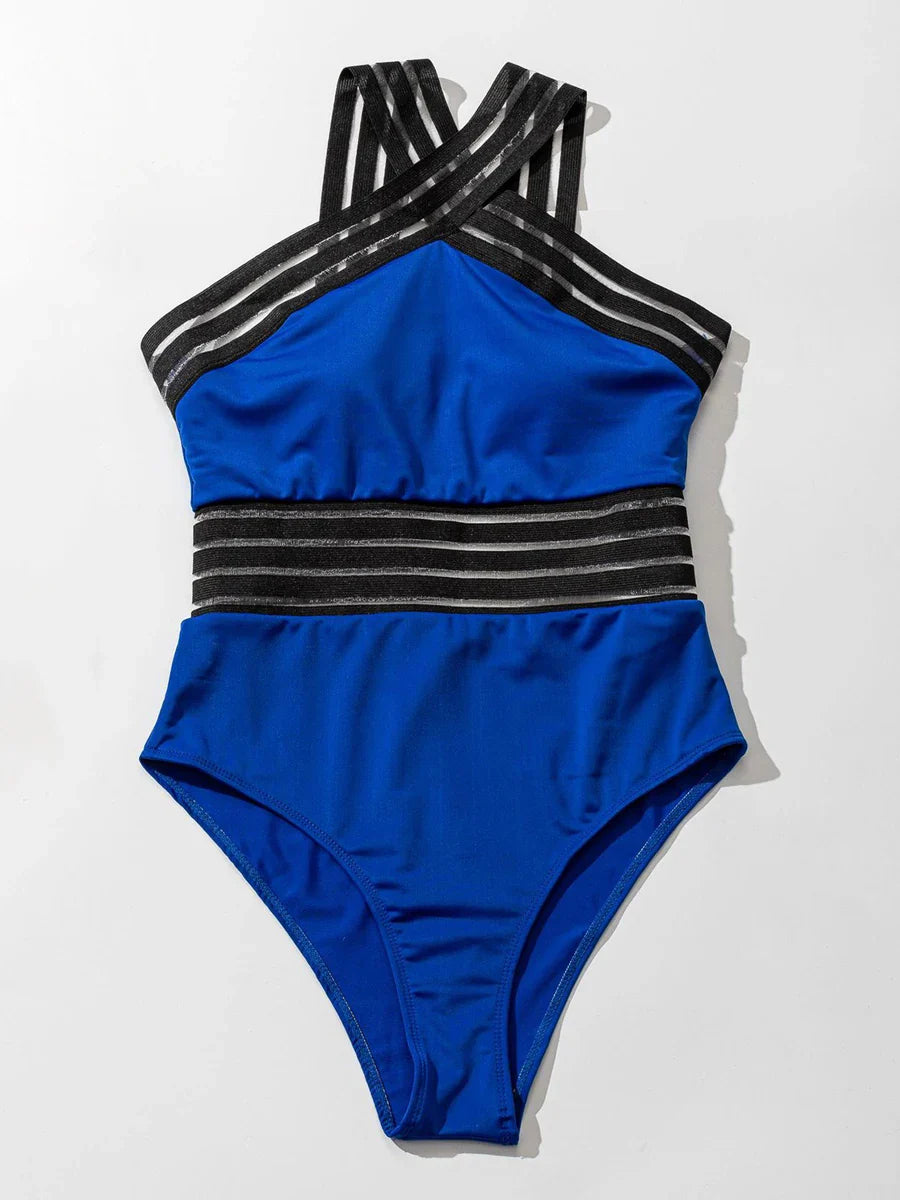 Solid Mesh Tape Swimsuit One Piece High Neck Swimwear Women Cross Front Bathing Suit Female Padded Beachwear Bodysuit