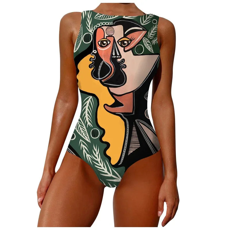 One Piece Swimwear Woman Fashion Abstract Pattern Print Backless Bodysuit Swimsuit Brazilian Beach Bathing Suits