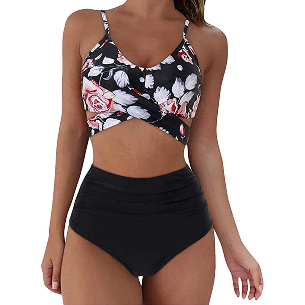 12 Colors Women Slim Bikini Sets High Waisted Swimwear 2 Pieces Solid/Floral Ruched Brazilian Swimsuit Cross Front