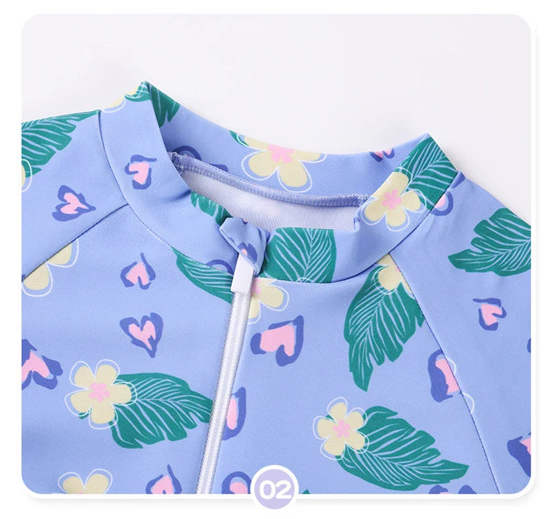 Leaf Print One Piece Girls Swimwear Kids Short Sleeve Swimsuit With Front Zipper Summer Children Swimming Suit Beachwear
